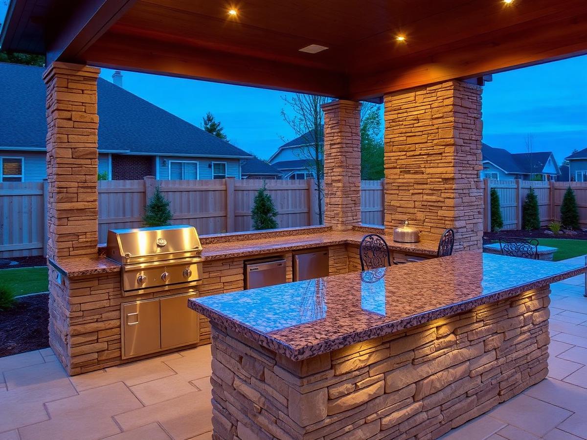 Custom stone outdoor kitchen with granite bar top